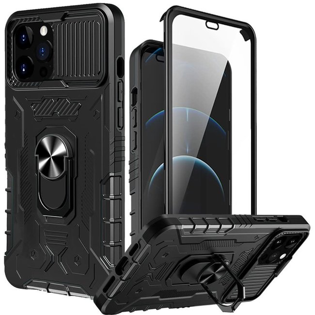 For Apple For Apple iPhone 13 6.1 Defense 360 Camera & Tempered with Magnetic Ring Stand Hybrid Case Cover