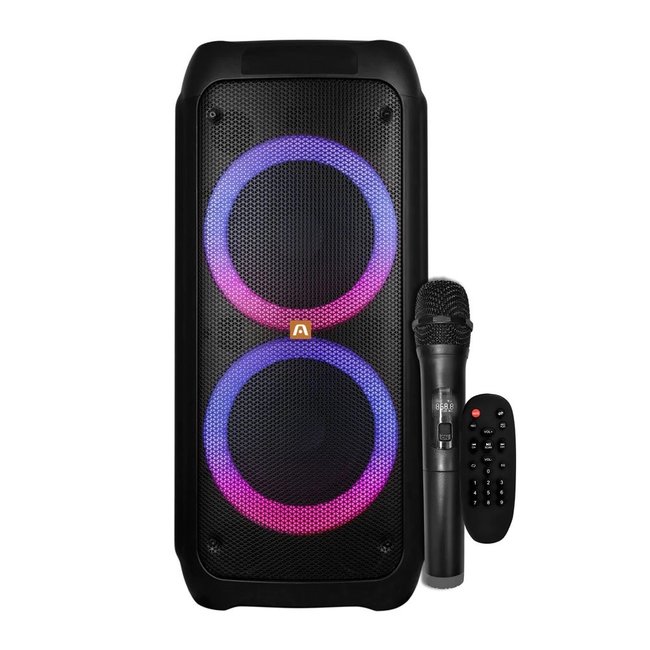 Argom RAVE 80 with LED lights + 80.000mW RMS + Includes  Wireless Mic for KARAOKE + Dual 8" Horns  Battery: 3600mAh +  TWS - Black