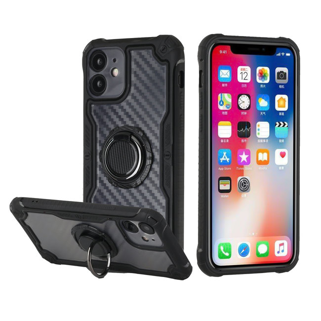For Apple For Apple iPhone 11 (XI6.1) Carbon Fiber Design Fused Magnetic Ring Stand Case Cover