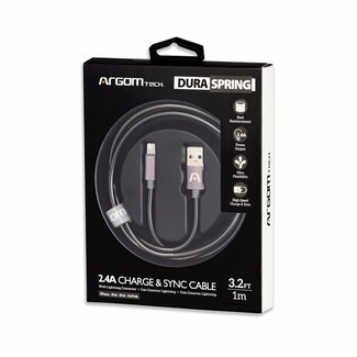 Argom Lightning to USB 2.0 - Metal Braided Body - Dura Spring Metal Connector  Tough Pull - Fast Charging  3.2FT