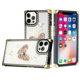 For Apple For Apple iPhone 13 Pro Max Passion Square Hearts Diamond Glitter Ornaments Engraving Case Cover Garden Butterflies