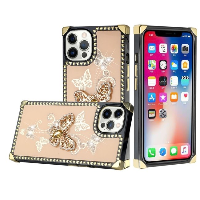 For Apple For Apple iPhone 13 Pro Max Passion Square Hearts Diamond Glitter Ornaments Engraving Case Cover Garden Butterflies