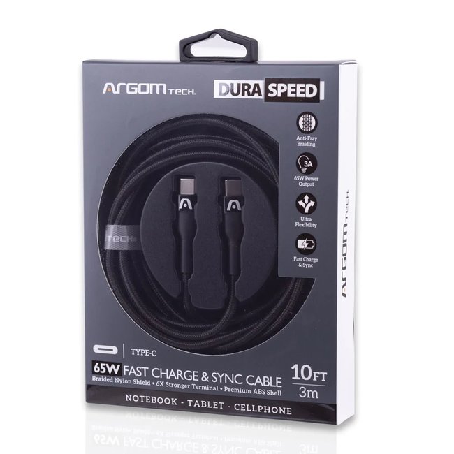 Argom Cable Dura Speed 65W PD Fast Charge - Type C to Type C 3A Nylon Braided 3M/10FT Black