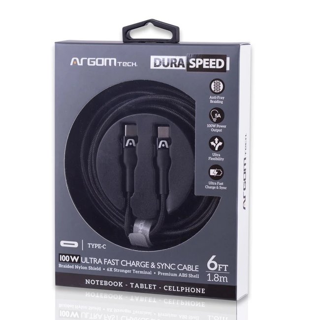 Argom Cable Dura Speed 100W PD Fast Charge - Type C to Type C 5A Nylon Braided 1.8M/6FT Black