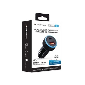 Argom Dual Fast Charger PD 38W PD Type C + USB Car Charger with Blue LED Ring