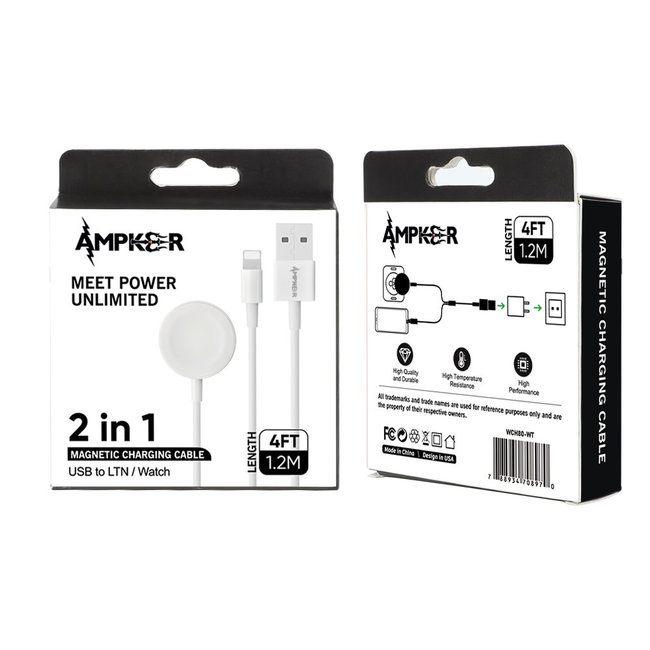 Ampker For Apple Watch USB to Lightning Magnetic Charging 2in1 Cable - 4FT/1.2M