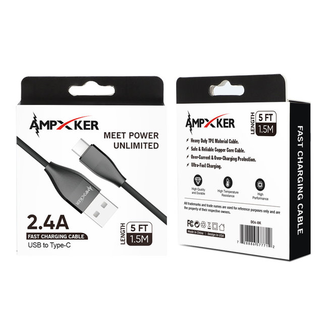 Ampxker 2.4A TPE 1.5M / 5 FT For USB to Type C Black Heavy Duty Cable