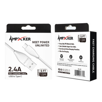 Ampxker 2.4A TPE 1.5M / 5 FT For USB to Type C White Heavy Duty Cable