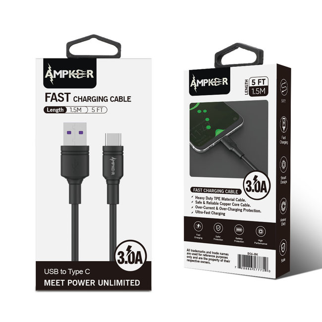 Ampker 3A Fast Charging Tough Design TPE 1.5M / 5FT For USB to Type C Black Heavy Duty Cable
