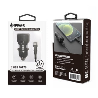 Ampxker 2.4A Combo (Car Adapter with Two USB Ports + Single Cable) PVC 1.5M / 5FT For USB to Lightning