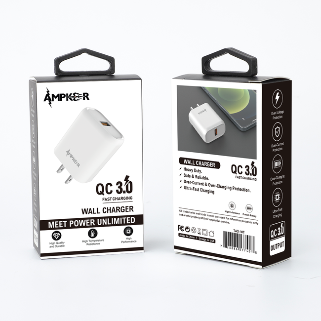 Ampker QC 3.0 Fast Charging Single White Wall Adapter High Performance