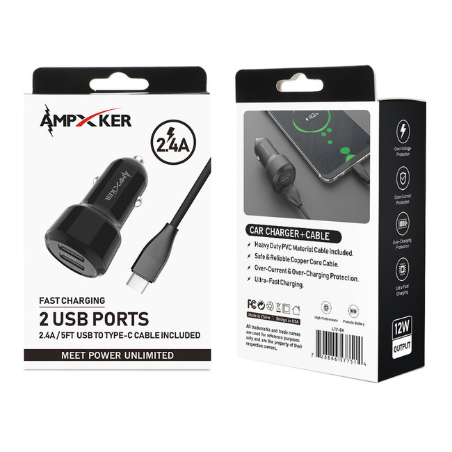 Ampxker 2.4A Combo (Car Adapter with Two USB Ports + Single Cable) PVC 1.5M / 5FT For Type C