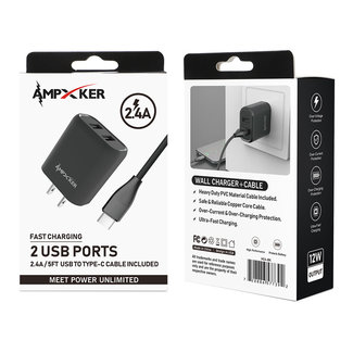 Ampxker 2.4A Combo (Wall Adapter with 2 USB Ports + Single Cable) PVC 1.5M / 5FT For Type C
