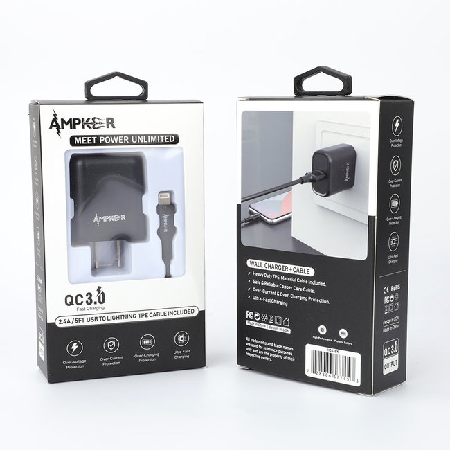 Ampxker QC 3.0 Combo (Wall Adapter Single Port + Single Cable) TPE 1.5M / 5FT For USB to Lightning