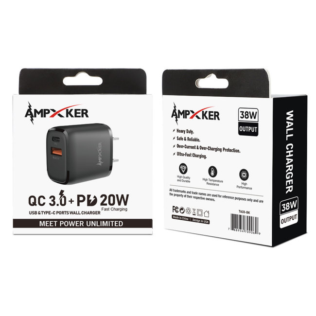 Ampker Dual Port Wall Adapter QC 3.0 + PD 20W Fast Charging