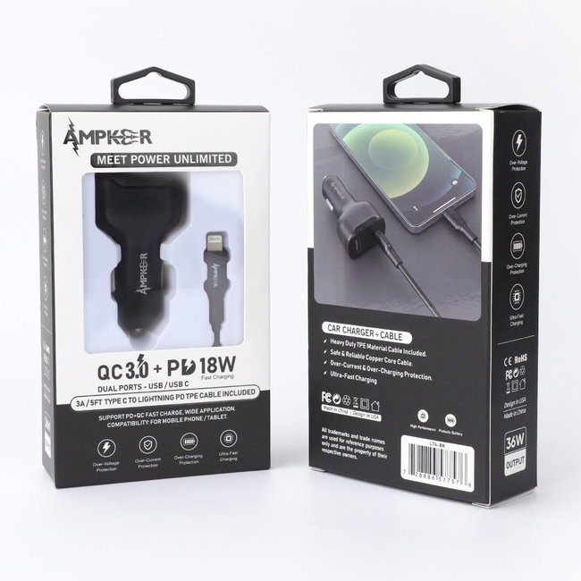 Ampker QC 3.0 + PD 18W Combo (Car Adapter Dual Port + Cable) TPE 1.5M / 5FT Type C to Lightning (PD)