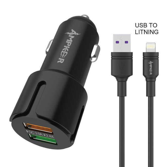 Ampker 2.4A + QC 3.0 Combo (Car Adapter Dual USB Ports + One Cable) TPE 1.5M / 5 FT For USB to Type C
