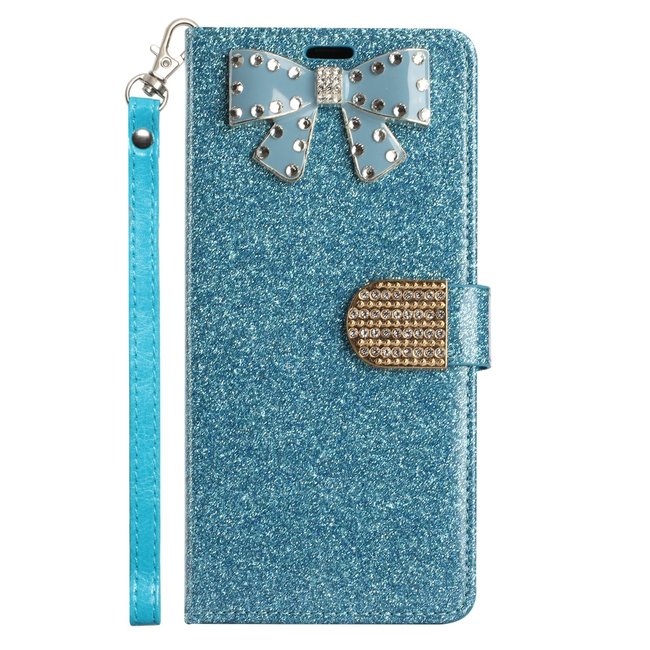 For Apple For Apple iPhone 14 PRO 6.1" Bow Glitter Ornament Shimmer Wallet Case with Lanyard