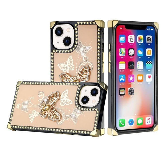 For Apple For Apple iPhone 14 PRO 6.1" Passion Square Hearts Diamond Glitter Ornaments Engraving Case Cover Garden Butterflies