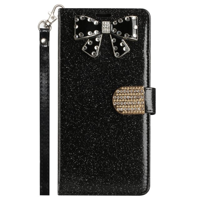 For Apple For Apple iPhone XR Bow Glitter Ornament Shimmer Wallet Case with Lanyard