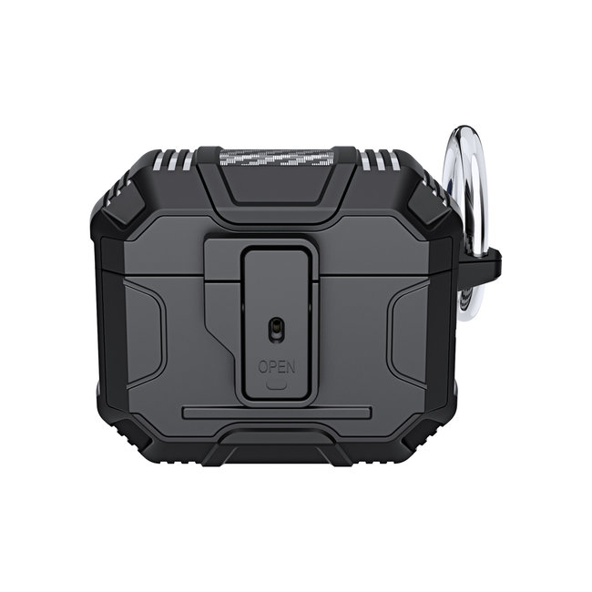 For Apple For AirPods 3 Rugged ShockProof Hybrid With Open Button Metal Hook Case Cover
