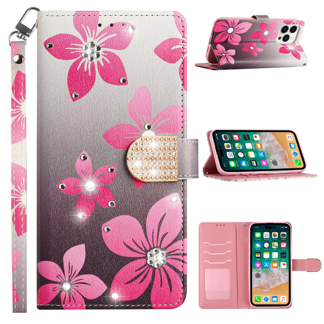 For Samsung For Samsung Galaxy S22 Diamond Bling Design Wallet With Lanyard Cover Case