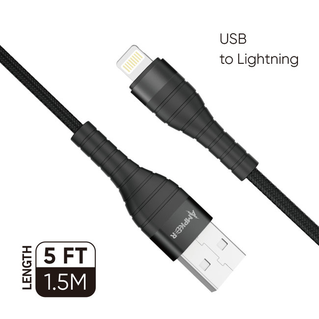 Ampker 2.4A High Quality Nylon Braided 1.5M / 5FT For USB to Lightning Black Zinc Alloy Cable