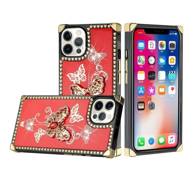 For Apple For Apple iPhone 13 Pro Passion Square Hearts Diamond Glitter Ornaments Engraving Case Cover Garden Butterflies