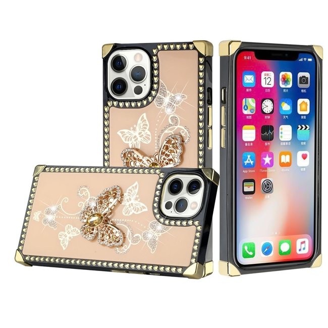 For Apple For Apple iPhone 13 Pro Passion Square Hearts Diamond Glitter Ornaments Engraving Case Cover Garden Butterflies