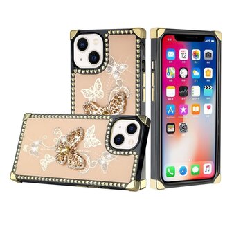 For Apple For Apple iPhone 13 / iPhone 14 6.1" Passion Square Hearts Diamond Glitter Ornaments Engraving Case Cover Garden Butterflies