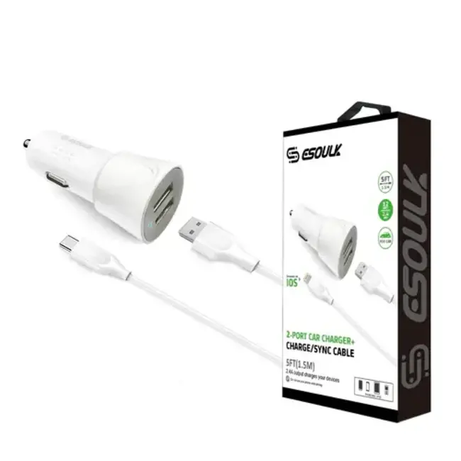 Esoulk Esoulk 12W 2.4A Dual USB Travel Car Charger With 5FT Type-C Charging Cable