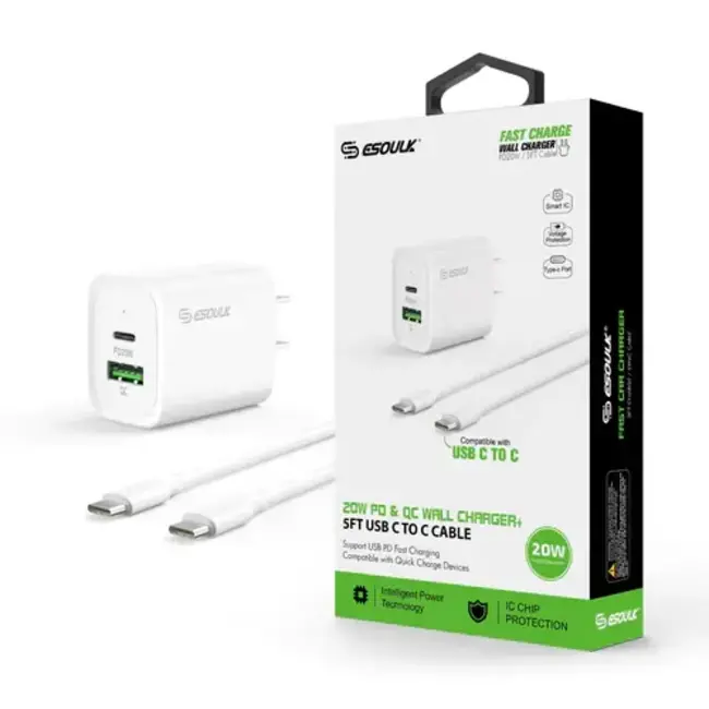 Esoulk Esoulk 20W PD+QC Fast Wall Charger &amp; 5FT USB C To C Cable