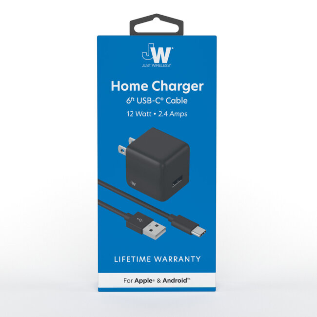 JW JW Home Charger Single USB-A Port 12W 6ft USB-C to USB-A Cable