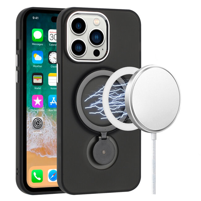 For Apple For Apple iPhone 11 Pro MAX (XI6.5) MagSafe Hoop 360 degree Ring Stand HD Transparent Chrome Hybrid Case Cover