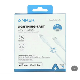 Techy Anker Power Line Select + USB-C Cable with Lightning Connector 6ft - White