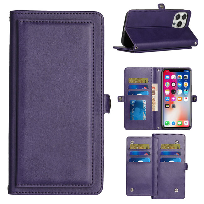 For Apple For Apple iPhone 15 Wallet Premium PU Vegan Leather ID Multiple Card Holder Money with Strap Case Cover