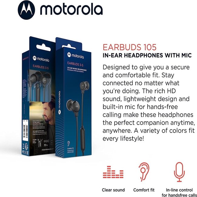 Motorola Motorola Wired Earbuds with Microphone - Earbuds 105 Corded in-Ear Headphones, Control Button for Calls/Music, Comfortable Lightweight Easy-Grip Ear Buds, Clear Bass Sound, Noise Isolation