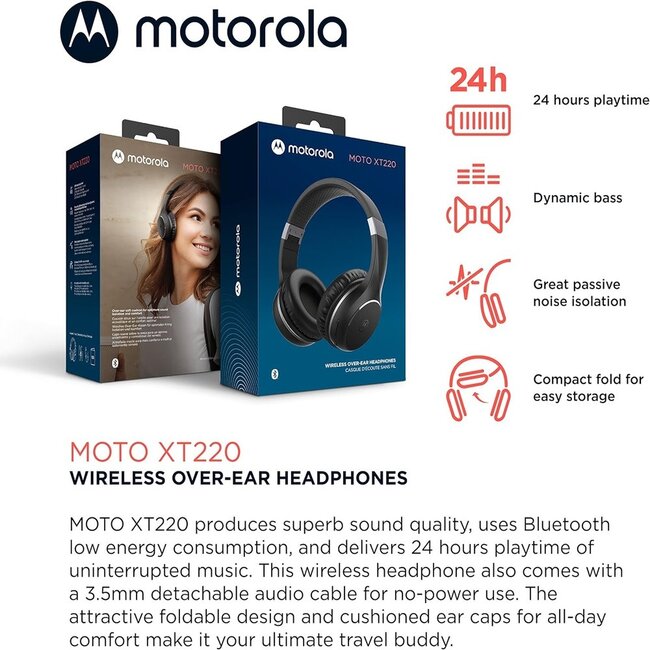 Motorola Motorola Bluetooth Wireless Headphones with Microphone, Moto XT220 Over-Ear Headphones in-Line Control for Calls - Foldable Head Phones, Adjustable Headband - Dynamic Bass, Clear Sound
