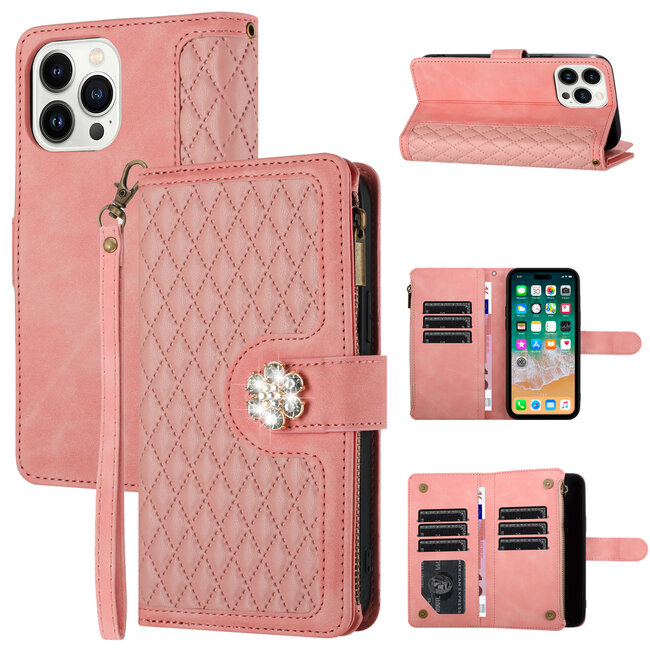 For Apple For iPhone 14 PRO MAX 6.7" Jewel Wallet Design with Stitched PU Leather ID Card Money Holder Zipper Case Cover