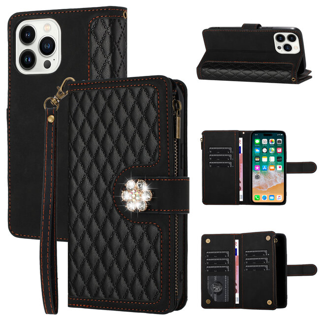 For Apple For iPhone 13 Pro Max Jewel Wallet Design with Stitched PU Leather ID Card Money Holder Zipper Case Cover