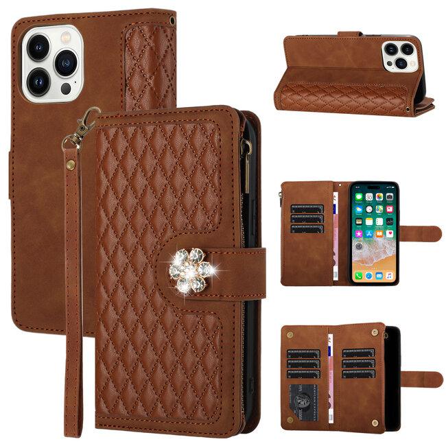 For Apple For iPhone 15 Pro Jewel Wallet Design with Stitched PU Leather ID Card Money Holder Zipper Case Cover