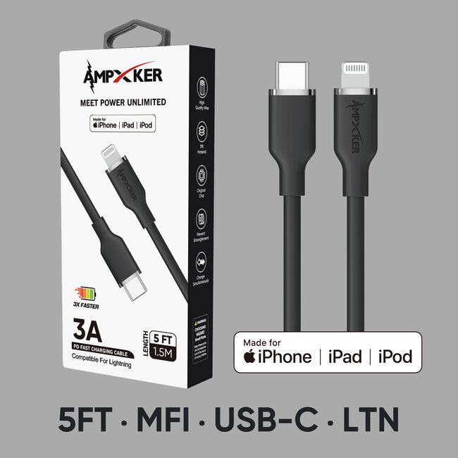 Ampxker 5 FT [TypeC - LIGHTNING] - MFI Apple Certified - 3A Fast Charging Silicone Cable