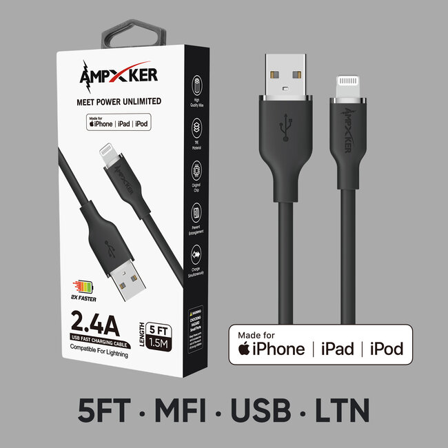 Ampxker AmpXker 5 FT [USB - LIGHTNING] - MFI Apple Certified - 2.4A Fast Charging Silicone Cable - Black/Silver (LANE A - RACK 2)