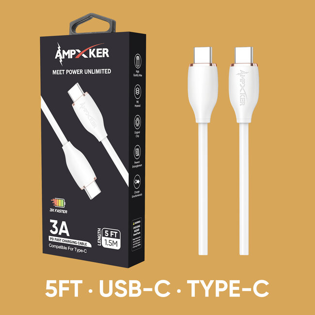 Ampxker AmpXker 5 FT [Type C - Type C] - 3A Fast Charging Thick TPE Cable - Black/Silver (LANE A - RACK 4)