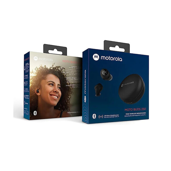 Techy Motorola Moto Buds 250-True Wireless Bluetooth Earbuds with Microphone and Wireless Charging Case - IPX5 Water Resistant, Smart Touch-Control, Lightweight Comfort-Fit, Clear Sound, Deep Bass