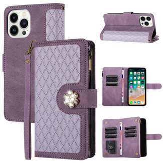 For Apple For Apple iPhone 15 Plus Jewel Wallet Design with Stitched PU Leather ID Card Money Holder Zipper Case