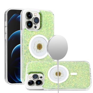 For Apple For Apple iPhone 15 Pro Max Magnetic Ring Circle Real Flower Epoxy Glitter Hybrid Case Cover