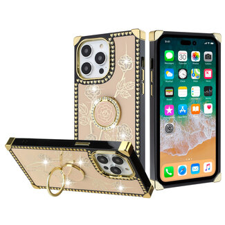 For Apple For Apple iPhone 11 (XI6.1) Square Passion Hearts Bling Glitter Floral Ring Stand Case Cover