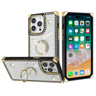 For Apple For Apple iPhone 11 (XI6.1) Square Passion Hearts Bling Glitter Love Design Ring Stand Case Cover