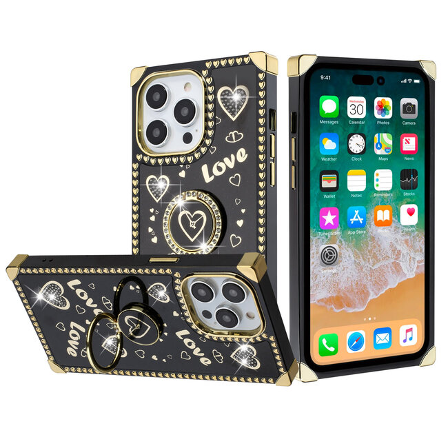 For Apple For Apple iPhone 11 (XI6.1) Square Passion Hearts Bling Glitter Love Design Ring Stand Case Cover